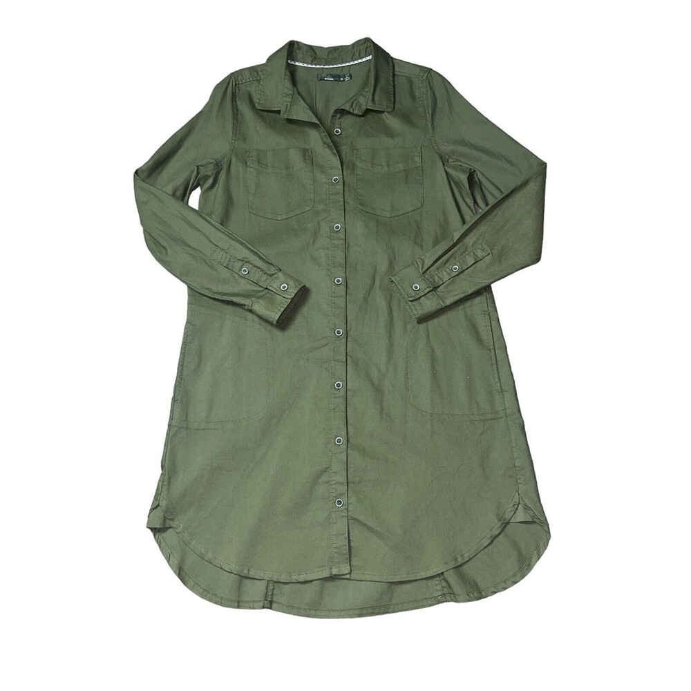 Prana Dress Womens Medium Yarrow Button Front Long Sleeve Shirt Dress Army Cargo